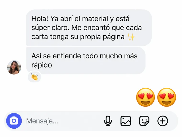 Mensagem: já abri o material e está super claro, adorei que cada carta tenha sua própria página